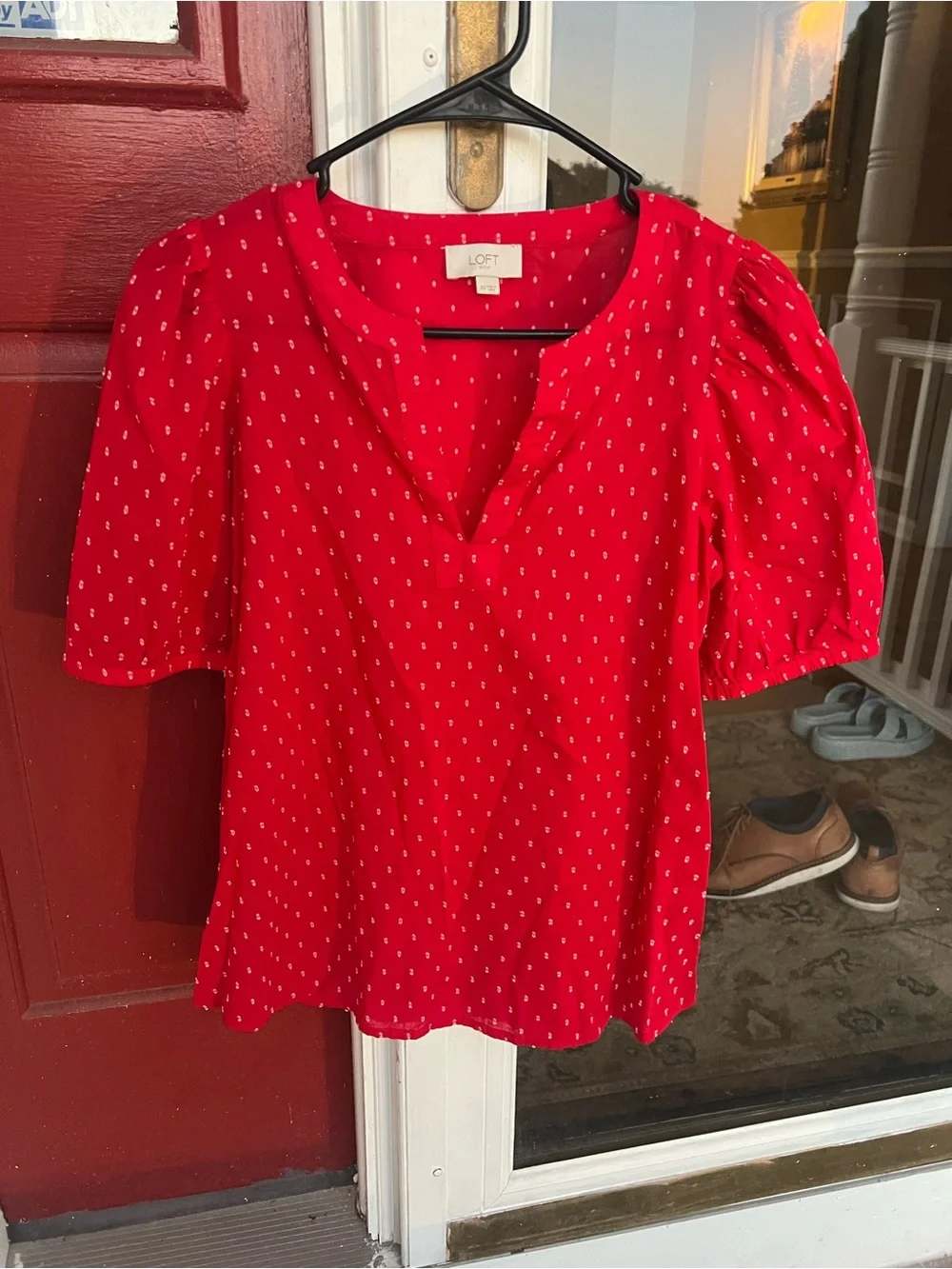 LOFT Outlet Polka Dot Red V-Neck Puff Sleeve Blouse